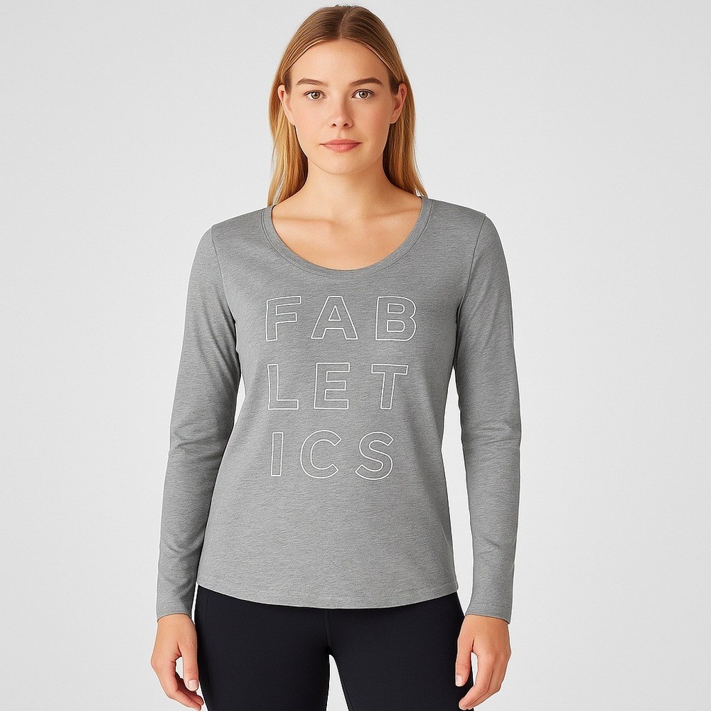 Fabletics Long Sleeve Scoop Neck Tee L Gray Cotton Blend Logo Top Athleisure