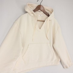 Rag and Bone Hoodie Womens L Cream V Neck Pullover Raw Hem Kangaroo Pocket