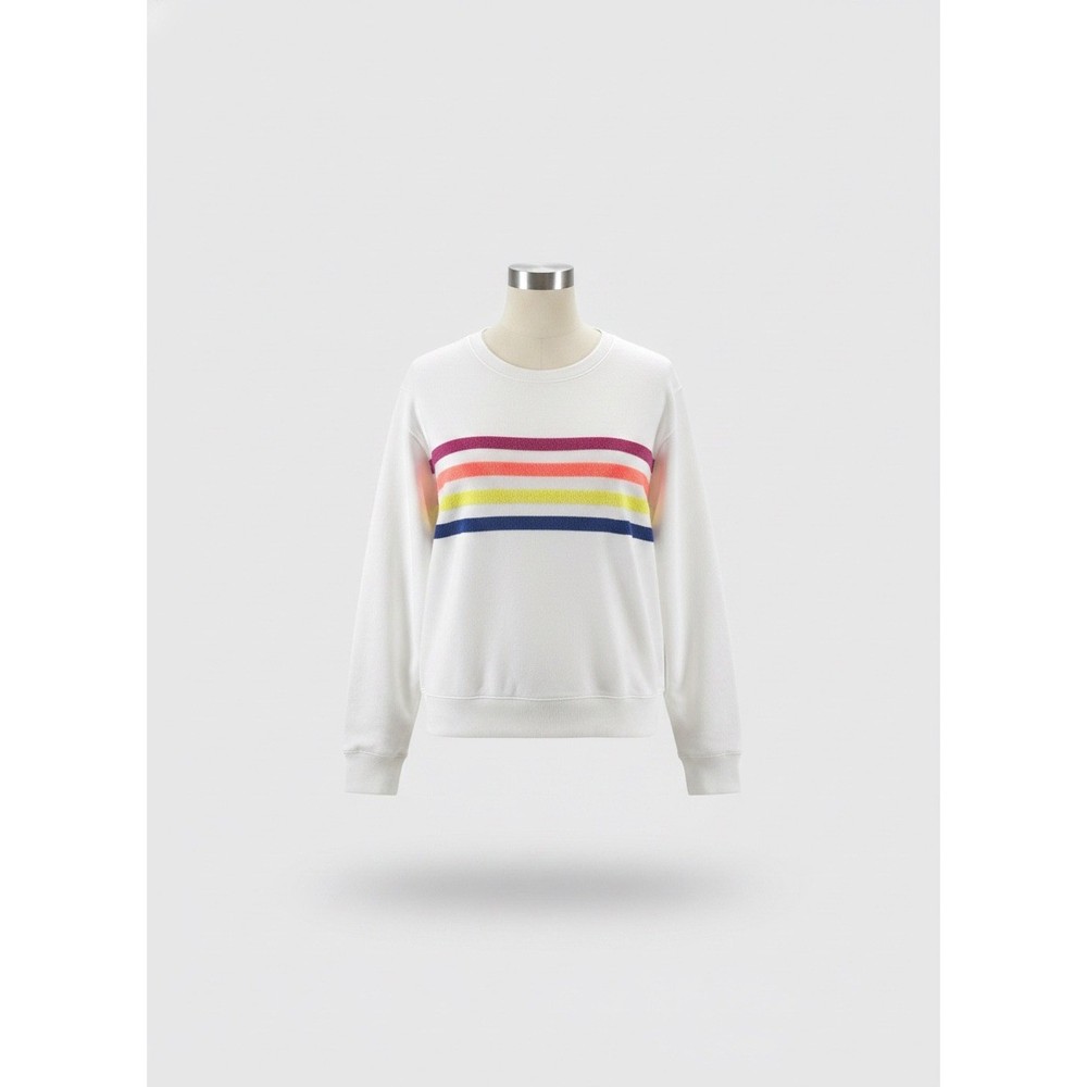 Lou & Grey Women White Chenille Rainbow Stripe French Terry Sweatshirt Small