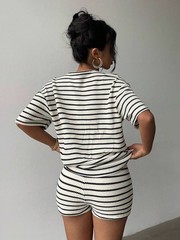 Ladies Short Sleeve Shirts Tops Shorts Set 2PCS Summer Casual Striped Tracksuits